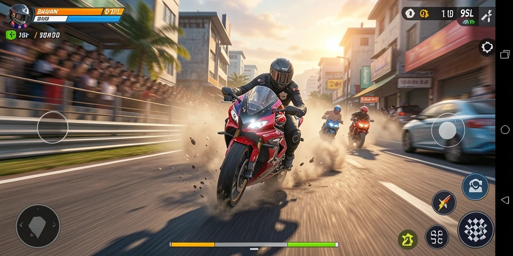 Tangkapan layar gameplay 9SL menampilkan aksi balapan motor yang mendebarkan.