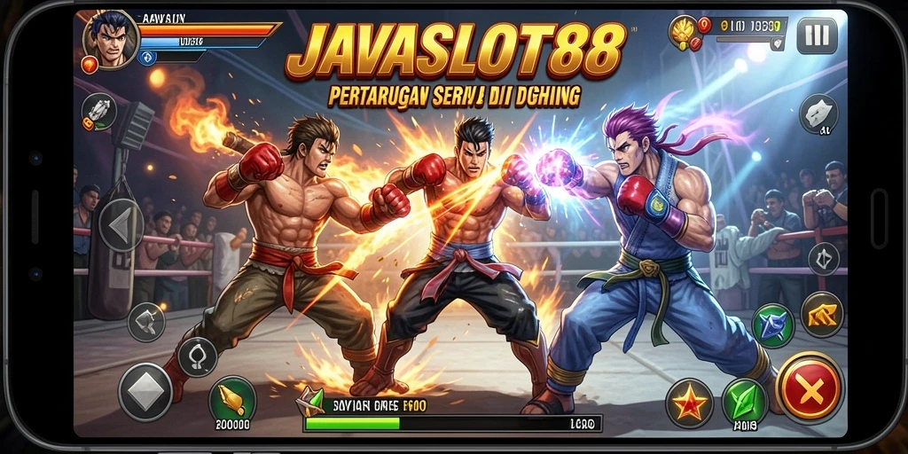 Screenshot utama JAVASLOT88 menampilkan pertarungan intens antar karakter.