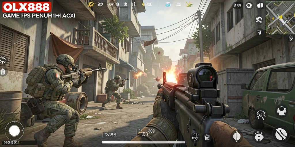 Screenshot menunjukkan aksi seru dalam gameplay OLX888 sebagai game FPS.
