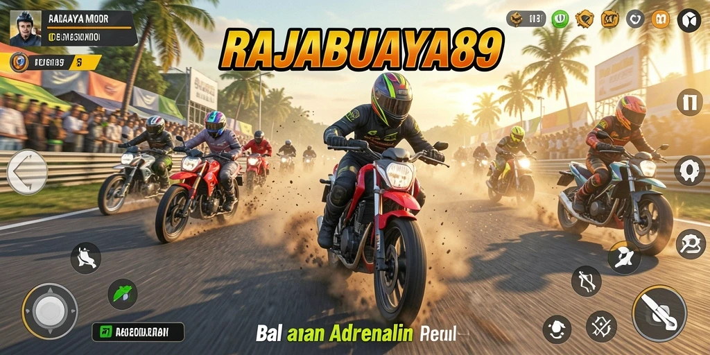 Screenshot utama RAJABUAYA89 menampilkan aksi balapan motor yang intens.