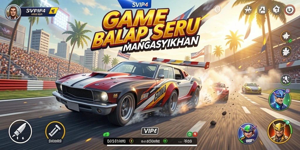 Tampilan gameplay seru dalam SVIP4 dengan mobil balap menegangkan.